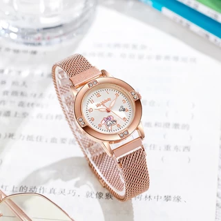 นาฬิกาข้อมือ Sanrio Kuromi Melody Cinnamon Hello Kitty สีโรสโกลด์ แบบแม่เหล็ก ดูดซับน้ําได้ สําหรับเด็กนักเรียน ให้เป็นของขวัญ