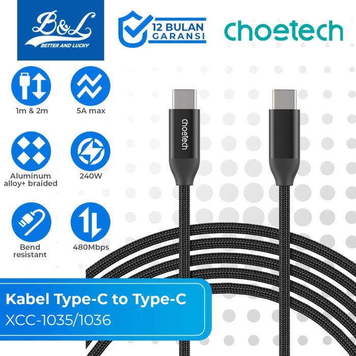 Choetech XCC-1035/1036 สายเคเบิลข้อมูล Type-C เป็น Type-C 240W ชาร์จเร็ว