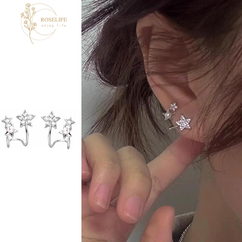 Roselife ต่างหูสตั๊ด ประดับมุก พลอยเทียม รูปดาว สีเงิน เครื่องประดับ สําหรับผู้หญิง