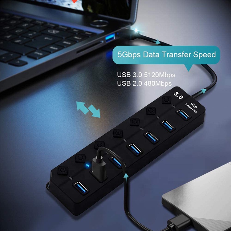 GOOJODOQ อะแดปเตอร์ฮับ USB 3.0 7 พอร์ต USB 3.0 หลายพอร์ต แบบพกพา พร้อมสวิตช์แยก LED แปลงข้อมูล 5Gbps สําหรับแล็ปท็อป PC