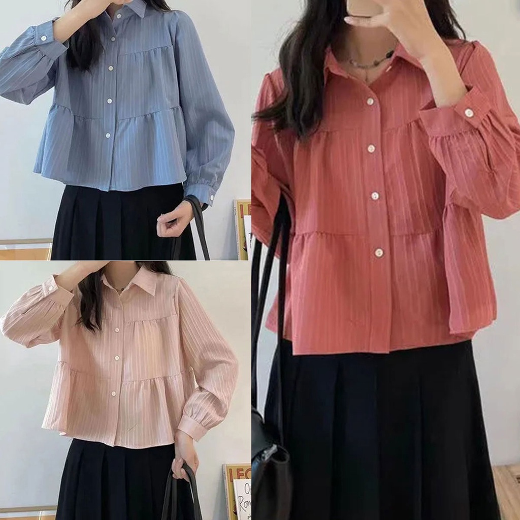 เสื้อแขนยาว คอปก แต่งริ้วมีกระดุมหน้า สีพื้น