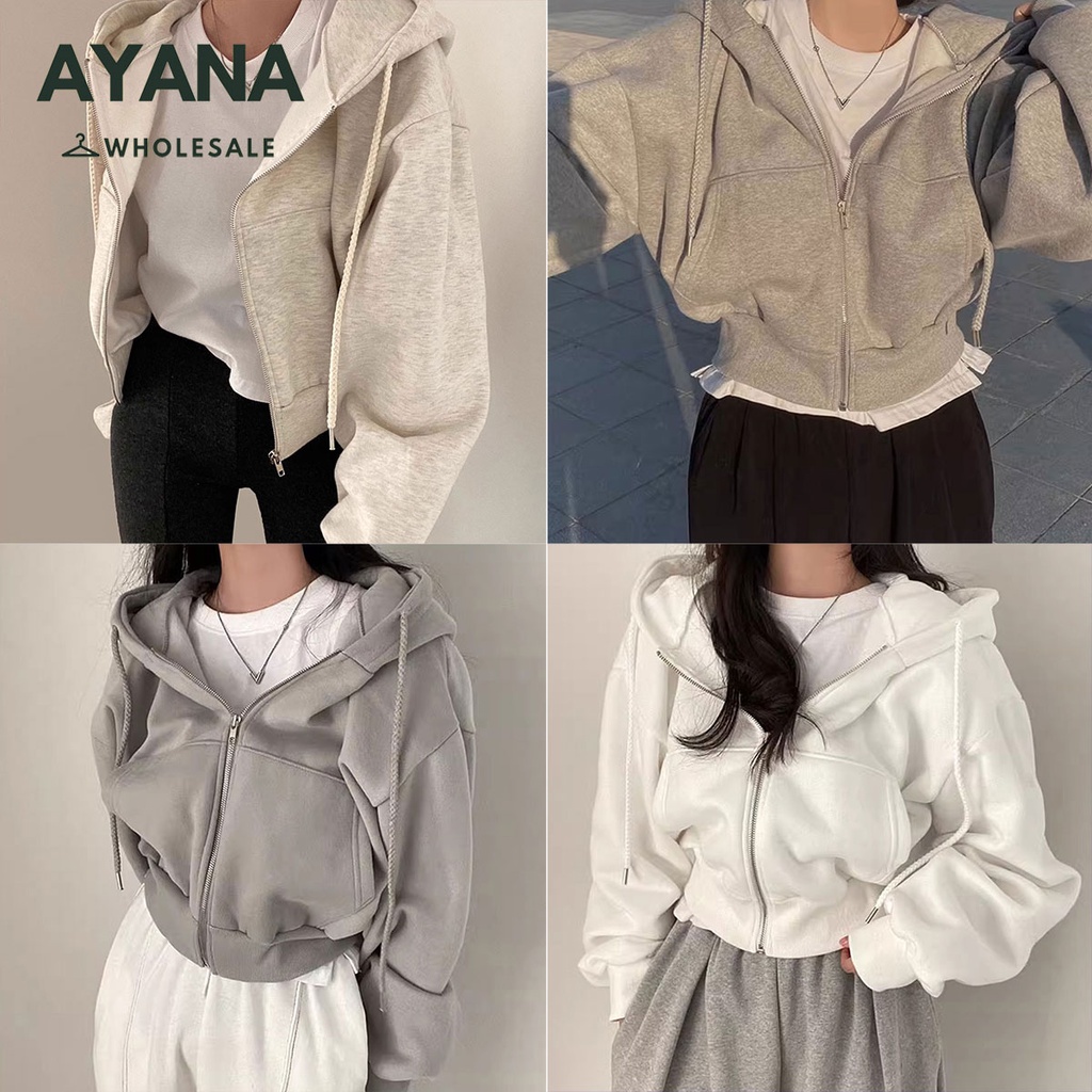 เสื้อกันหนาวมีฮู้ด แต่งซิปหน้า สีพื้นเรียบๆ สไตล์เกาหลี