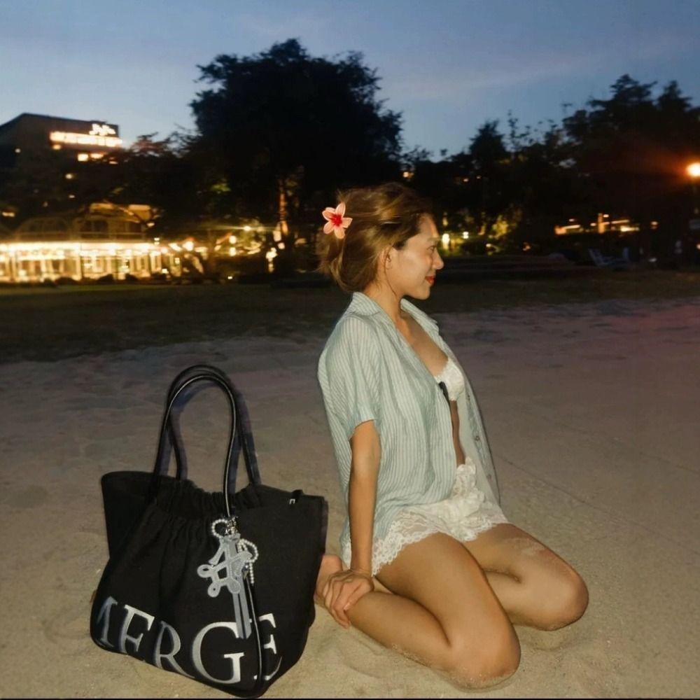 Back2life Letter Canvas Bag, Letter Tote Handbag Drawstring Shoulder Bag, Casual Fashion Thai Portable Cloth Bag Travel