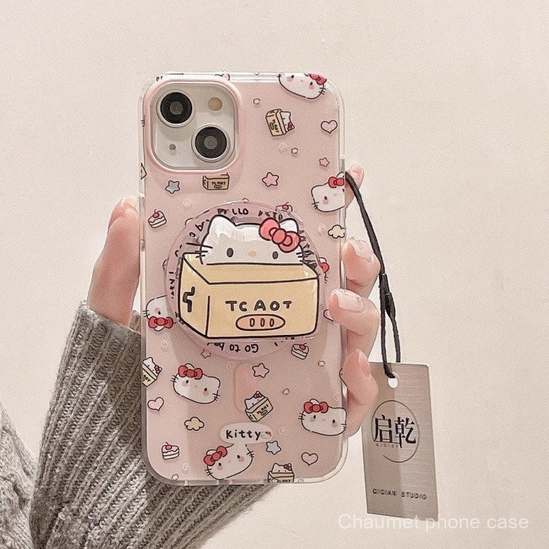 แมวสีชมพูพร้อมขาตั้งแม่เหล็ก รองรับเคสโทรศัพท์แม่เหล็ก iPhone 15 Pro Max 13/กันกระแทก 14 Plus/รูใหญ่ 12/11 เคสนุ่ม 8P น่ารัก XS R5TA