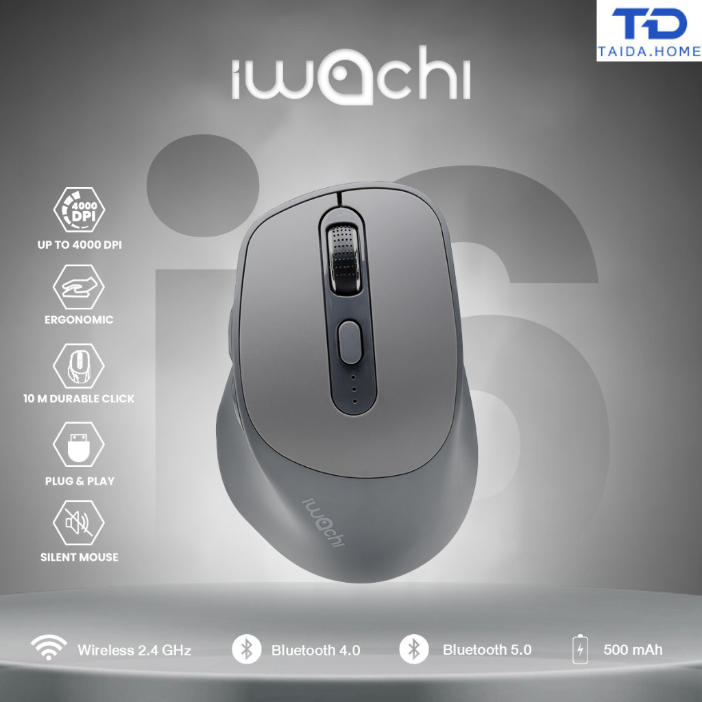 เมาส์ไร้สาย IWACHI i6 สีเทา สามารถใช้งานได้หลายอุปกรณ์ ไม่มีเสียงรบกวน ชาร์จแบตได้