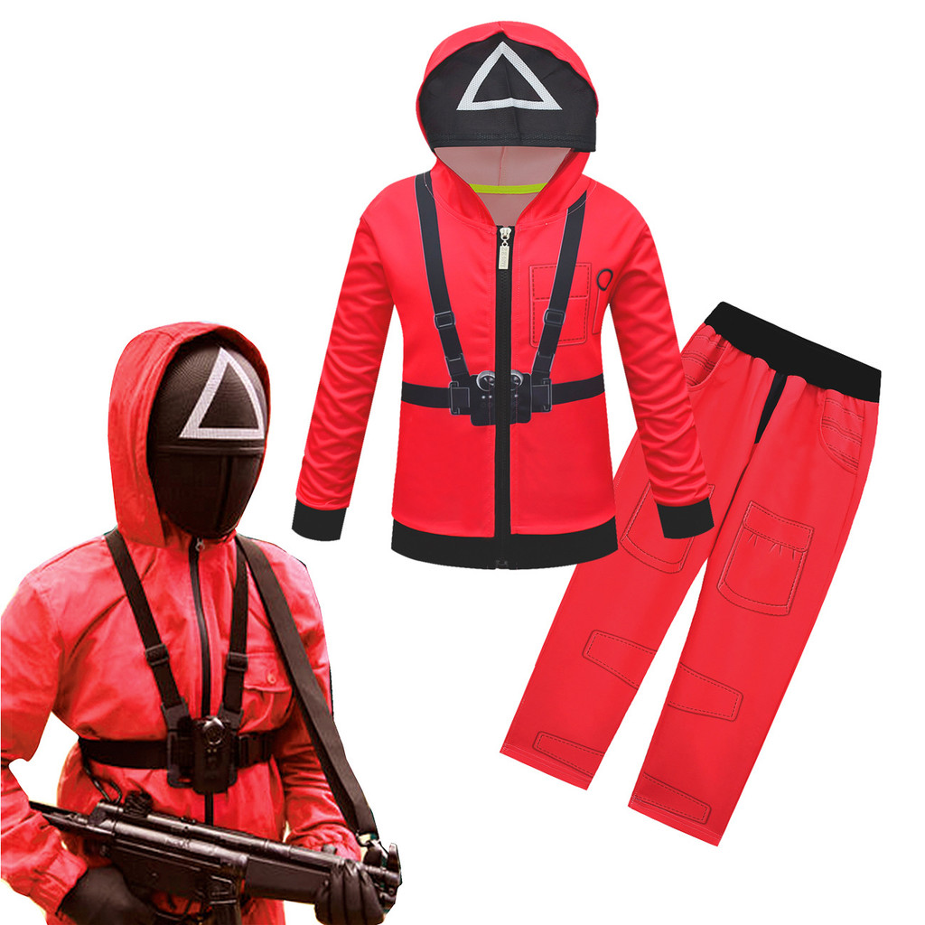 Baju Kids Squid Game Costume Budak Perempuan Boys and Girls Cosplay Red Manager Jackets with Mask Pa