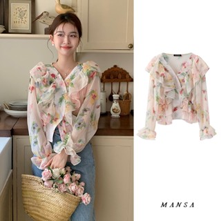 MANSA Korean flower ruffle shirt เสื้อเกาหลี เสื้อลายดอก