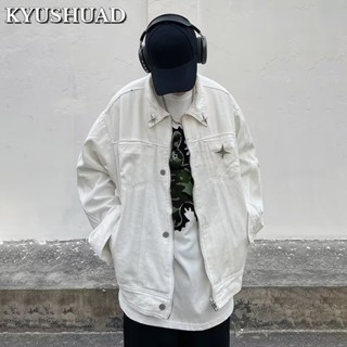 Kyushuad เสื้อแจ็กเก็ตยีนเบสบอล ทรงหลวม สีเมทัลลิกเข้ม สไตล์อเมริกัน