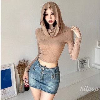 Hitpop- เสื้อครอปท็อป แขนยาว มีฮู้ด สีพื้น ทรงสลิมฟิต สําหรับผู้หญิง