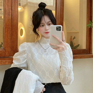 เสื้อเชิ้ต คอสูง แต่งลูกไม้ สีพื้น สําหรับผู้หญิง