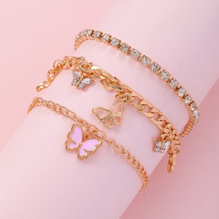 เครื่องประดับ สร้อยข้อมือ สร้อยข้อเท้า จี้ผีเสื้อ ประดับเพชร สีชมพู สําหรับผู้หญิง 3 แพ็ค