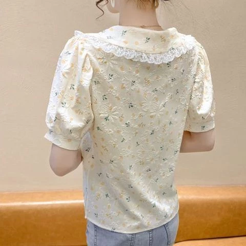เสื้อคอตุ๊กตาแขนพองลายดอกไม้ Y0250 thumbnail 4