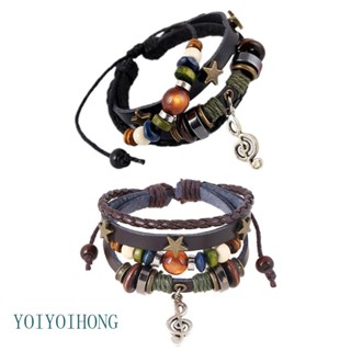 Yoioi สร้อยข้อมือ สายหนังวัว ประดับลูกปัด ลายโน้ตดนตรี สามารถปรับได้ สําหรับผู้หญิง