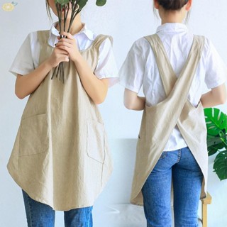 【VARSTR】Women Apron Cross Back Linen Aprons Khaki Soft Apron For Home Or Studio