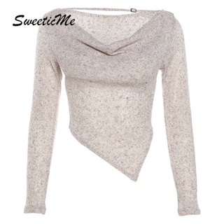 Sweeticme ใหม่ เสื้อยืดลําลอง แขนยาว คอวี เข้ารูป สีพื้น เซ็กซี่ แฟชั่นสําหรับสตรี 2023