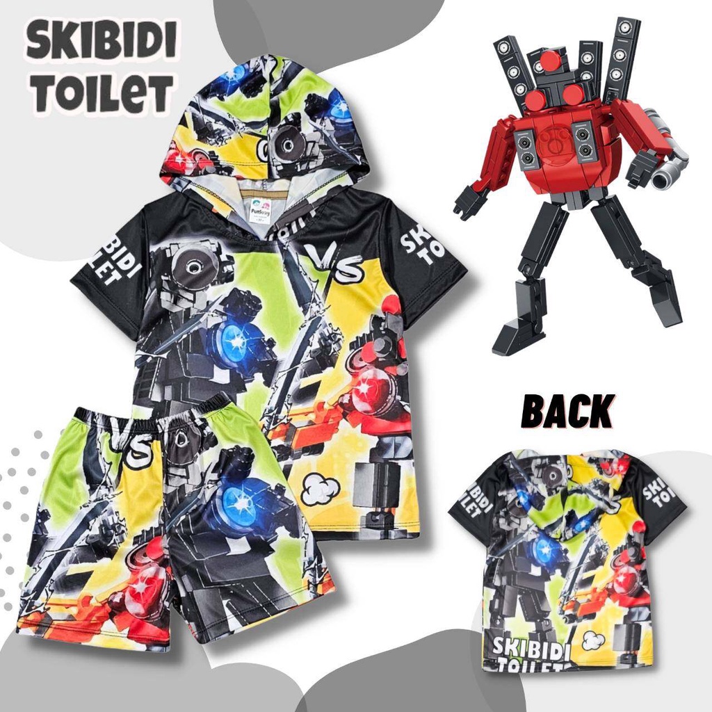 SKBD0921#5 เสื้อผ้าเด็ก เสื้อแขนสั้น(ฮู้ด)+กางเกงขาสั้น ผ้าไมโคร ลายการ์ตูนชักโครก skibidi toilet ชุดเด็กแฟชั่น ชุดเด็ก