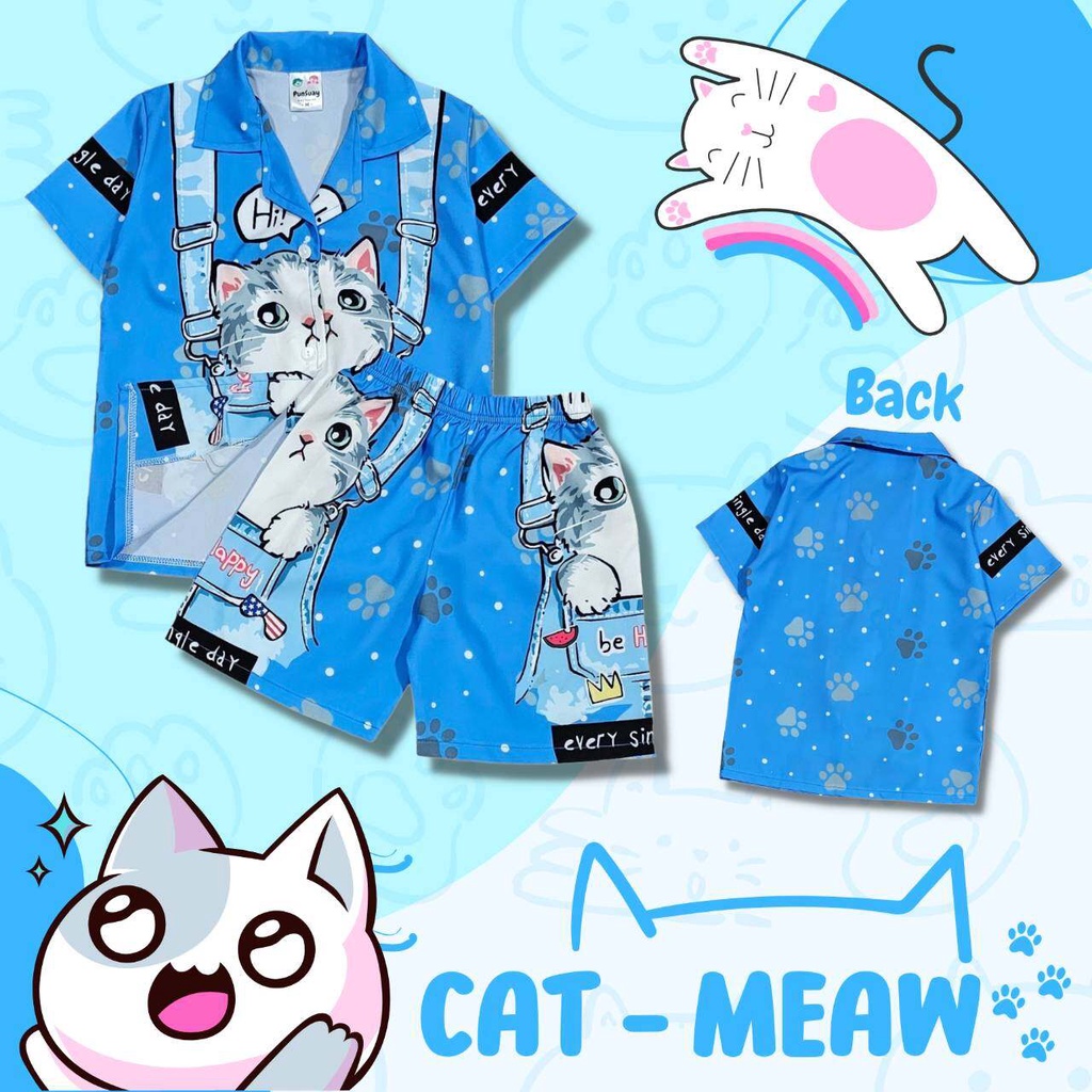 CAT0890#2 ชุดเด็ก เซ็ตเสื้อฮาวาย+กางเกงขาสั้น ผ้าไหมอิตาลี ลายแมว น่ารักๆ เสื้อผ้าเด็ก ชุดเด็กแฟชั่น ชุดเด็กลายการ์ตูน