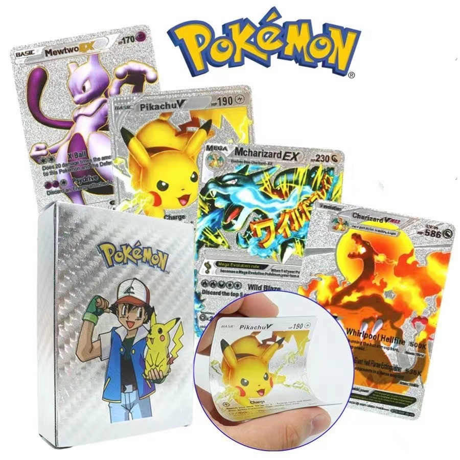 55 ชิ ้ นโลหะทองเงิน Pikachu การ ์ ด Charizard Trainer เกมชุดภาษาอังกฤษ