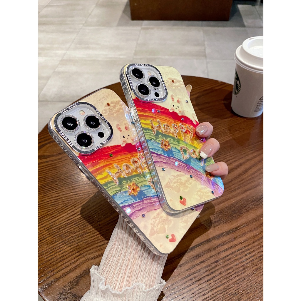 Rainbow Rabbit Shiny เจาะกล้องป้องกันฟิล์ม TPU สําหรับ Apple IPhone 16 15 14 13 12 11 Pro Max 14Plus 15Plus 16Plus เคสกันกระแทก