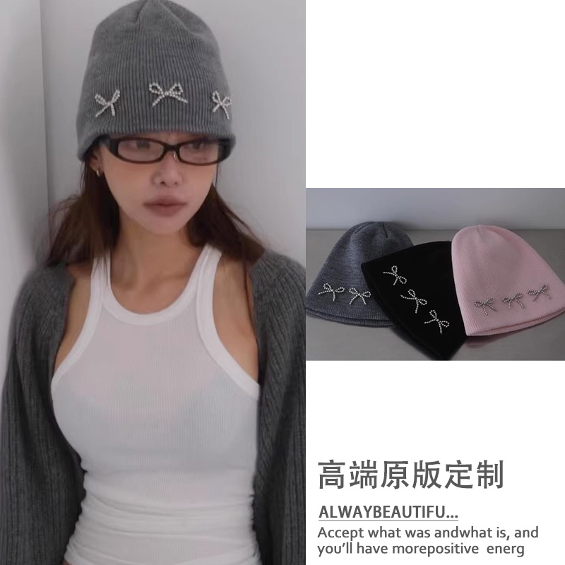 [พร้อมส่ง] หมวกถัก ผ้าวูล ประดับโบว์ แฟชั่นฤดูใบไม้ร่วง ฤดูหนาว สไตล์เกาหลี สําหรับผู้หญิง