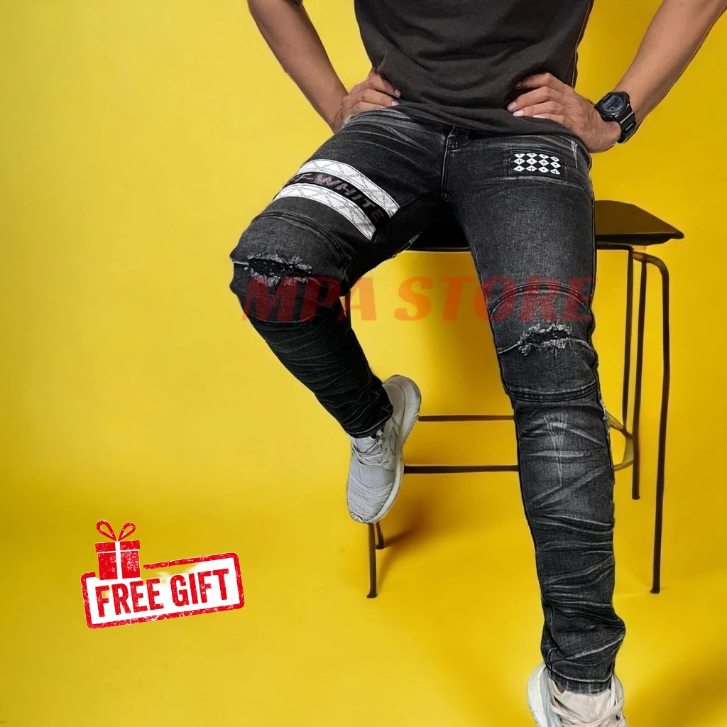 SELUAR JEANS KOYAK BB WHITE STRIPE / DARK GREY STRETCH JEANS / JEANS KOYAK KAIN GETAH