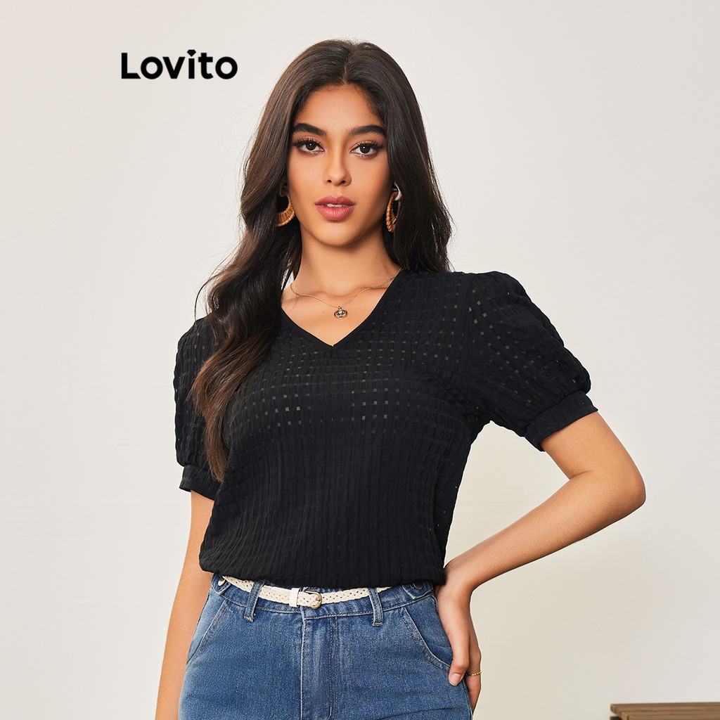 Lovito เสื้อเบลาส์ผู้หญิง สไตล์ลำลอง เบสิก LBA05029 (สีดำ)