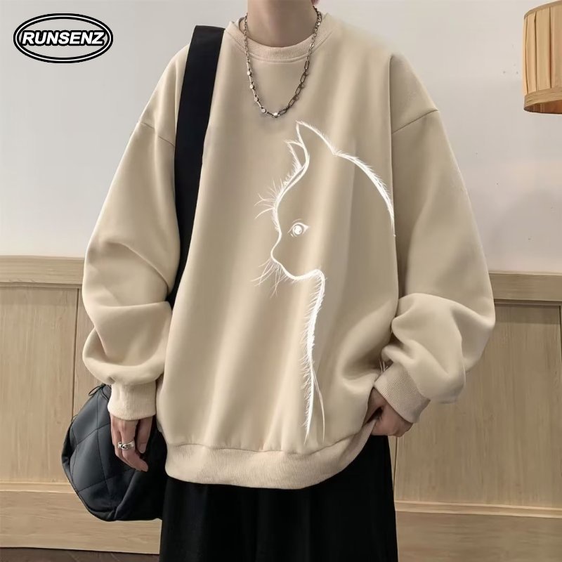 เสื้อยืดกันหนาว คอกลม แขนยาว ทรงหลวม พิมพ์ลายแมว พลัสไซซ์ สําหรับผู้ชาย ไซซ์ M-8XL