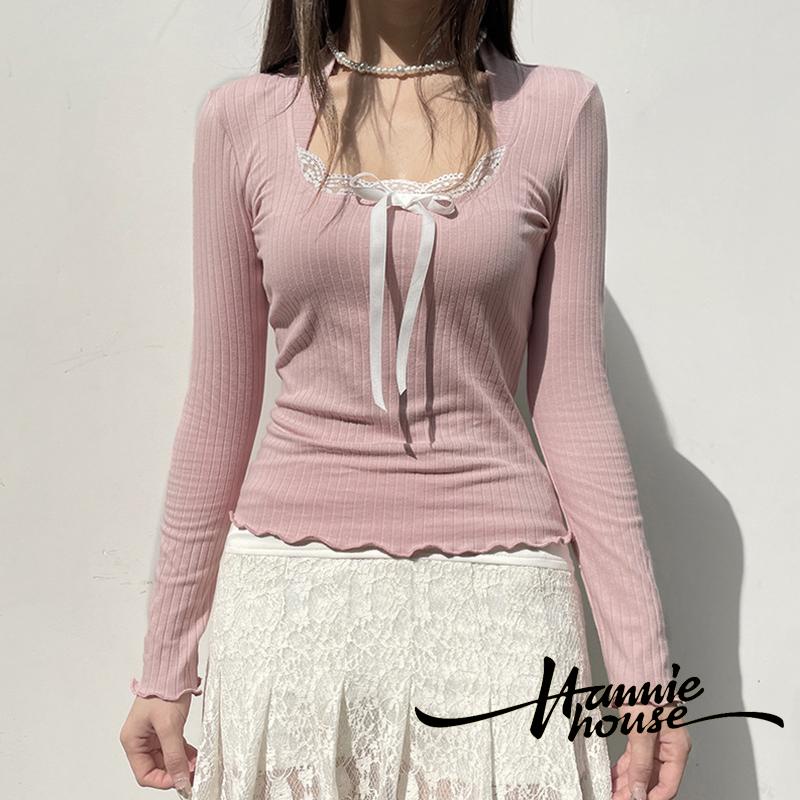 เสื้อยืดแขนยาว คอสี่เหลี่ยม แต่งลูกไม้ สีชมพู สําหรับผู้หญิง