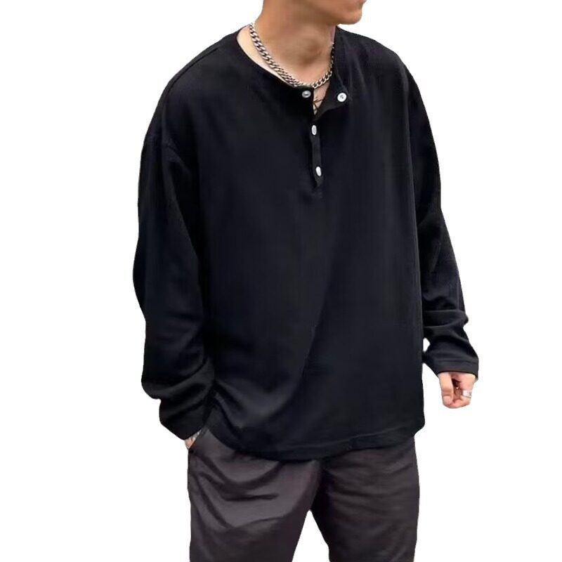 MNO.9 T-shirt long-Sleeve T54 เสื้อยืดผู้ชาย แขนยาว คอกระดุมแป๊ก ลำลองทรงหลวม เสื้อวินเทจ รูปที่ 4