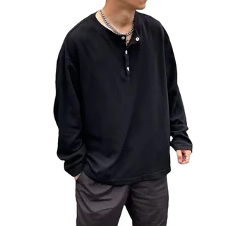 MNO.9 T-shirt long-Sleeve T54 เสื้อยืดผู้ชาย แขนยาว คอกระดุมแป๊ก ลำลองทรงหลวม เสื้อวินเทจ
