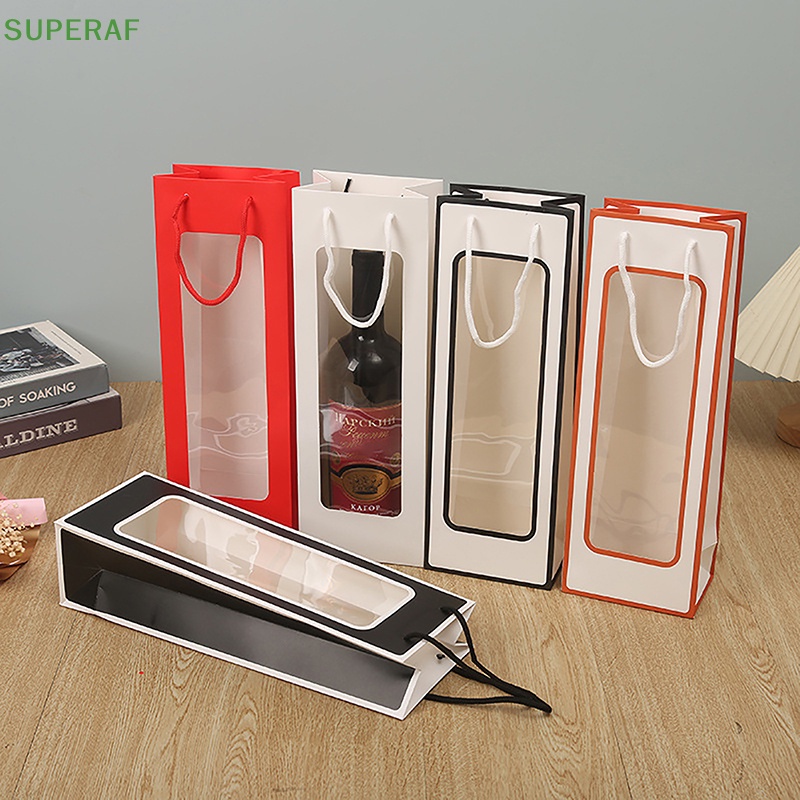 Superaf ใหม่ ถุงกระดาษคราฟท์ PVC ใส ทรงโท้ท ทรงสี่เหลี่ยมผืนผ้า สําหรับใส่ไวน์แดง ตุ๊กตา ของขวัญ