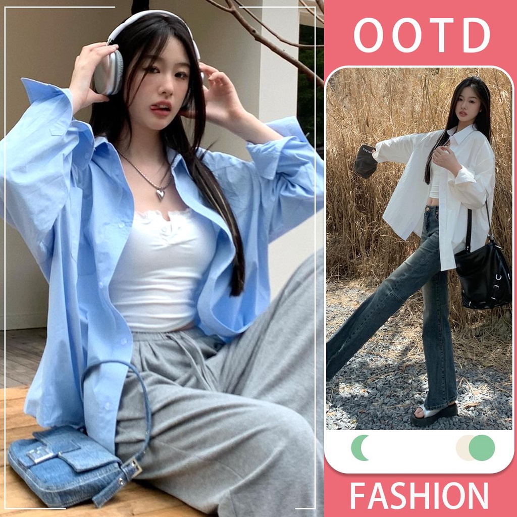 KOKO เสื้อสีขาวน่ารักผู้หญิง เสื้อเชิ้ตแขนยาว แฟชั่น สไตล์เกาหลี สไตล์หลวม ใส่กับเสื้อกั๊กตัวเล็กก็ดูดี
