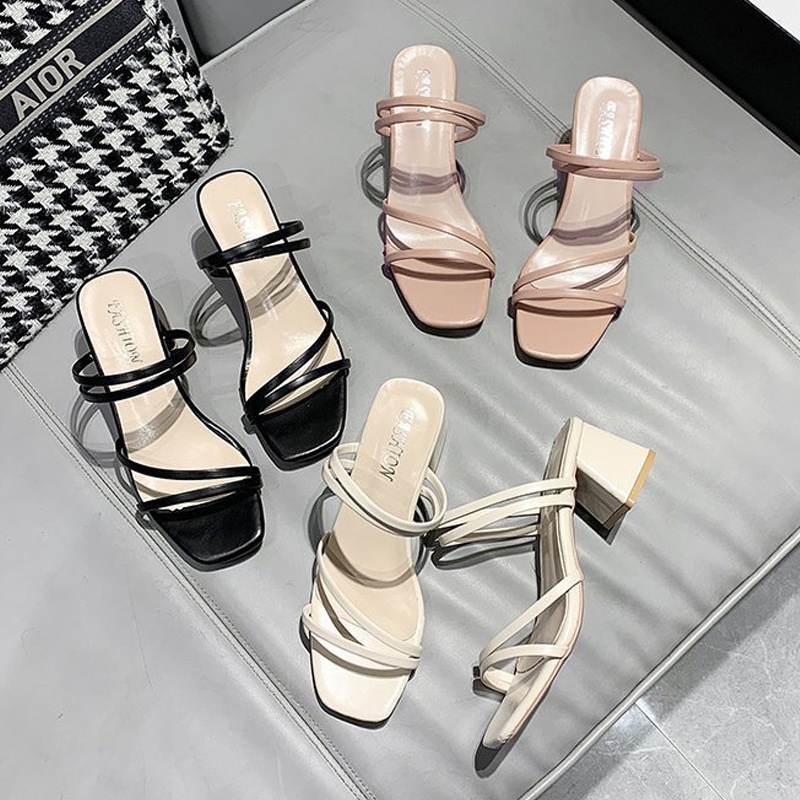 รองเท้าส้นสูงแฟชั่นสตรี รัดข้อหนังนุ่มนิ่มเกรดพรีเมียม น้ำหนักเบาใส่แล้วไม่เมื่อยเท้า