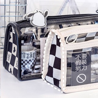 กล่องดินสอ แบบใส สองชั้น จุของได้เยอะ ลายตารางหมากรุก สีดํา …