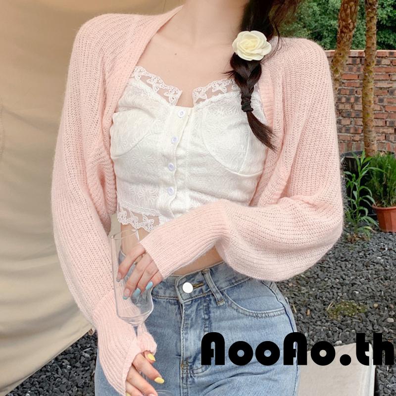 Aooao-เสื้อสเวตเตอร์ถักครอปถักแขนยาวสีทึบสําหรับผู้หญิง
