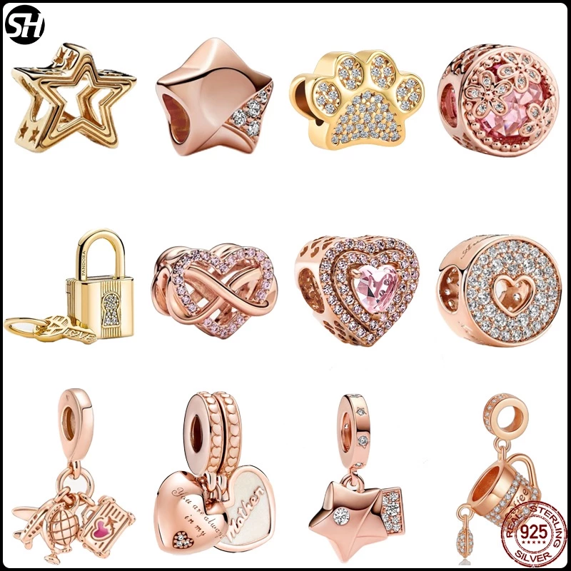 ใหม่ Charms สร้อยข้อมือ 925 จี้เงินสเตอร์ลิงคลิป evil eye Gold letter stopper เครื่องประดับดอกไม้ Apple Dog Claw กาแฟยูนิคอร์น Rose Gold Charm DIY Fine Bead