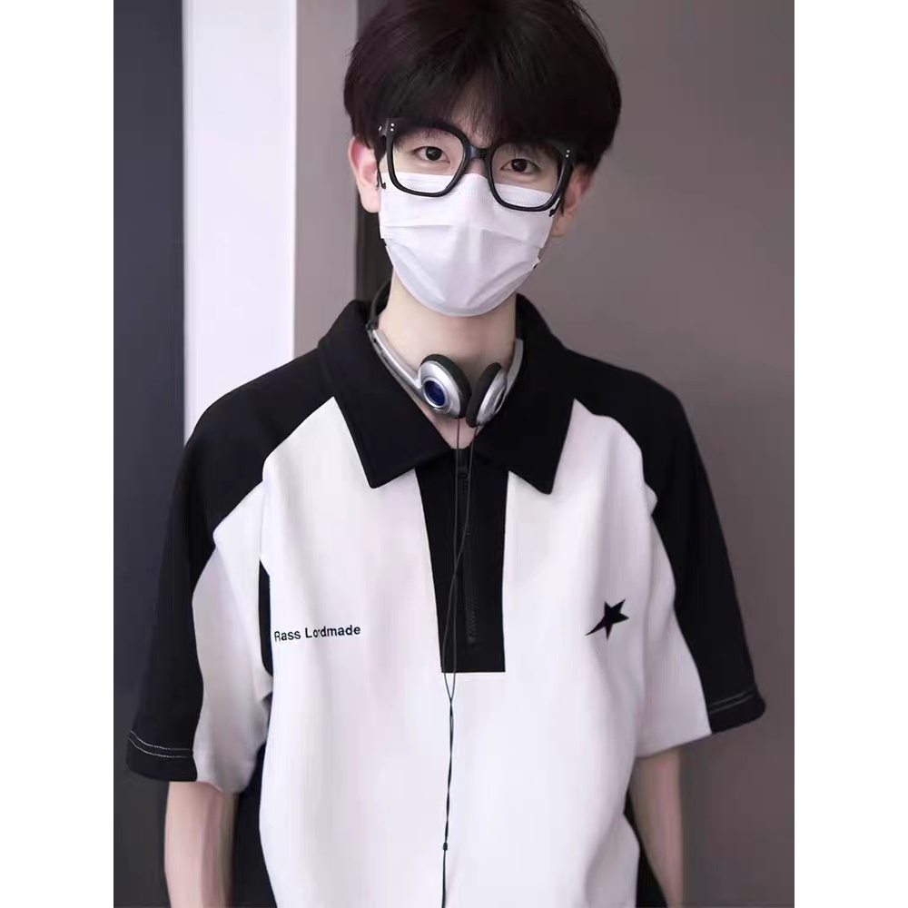 ผู้ชายเสื้อโปโลคมชัดสีเย็บสั้น-แขนย้อนยุคอเมริกันฤดูร้อนปกสไตล์วิทยาลัยหนักคู่ด้านบน