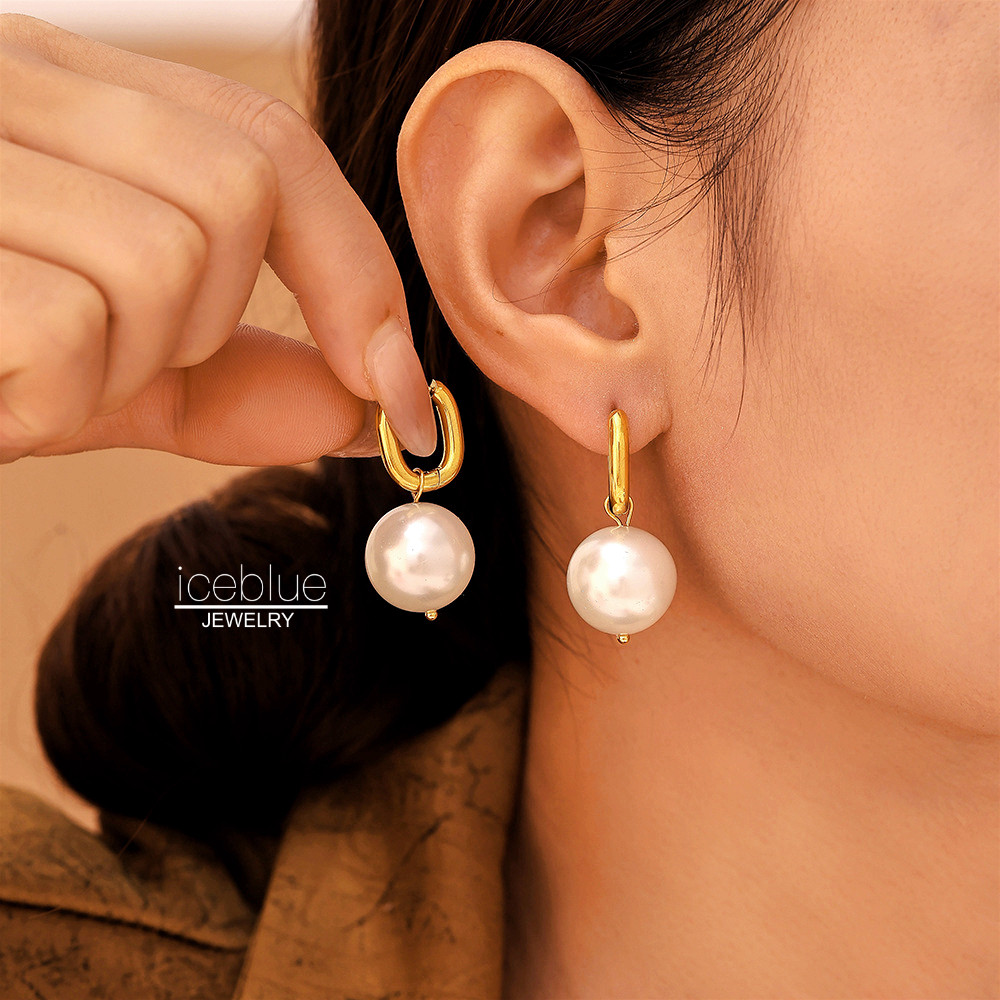 Iceblue-U-Shaped คลิปหู Dangle Pearl Hoop ต่างหู 18K สแตนเลสสตีล Hypoallergenic Non Tarnish ต่างหูแฟชั่นสําหรับผู้หญิง E67