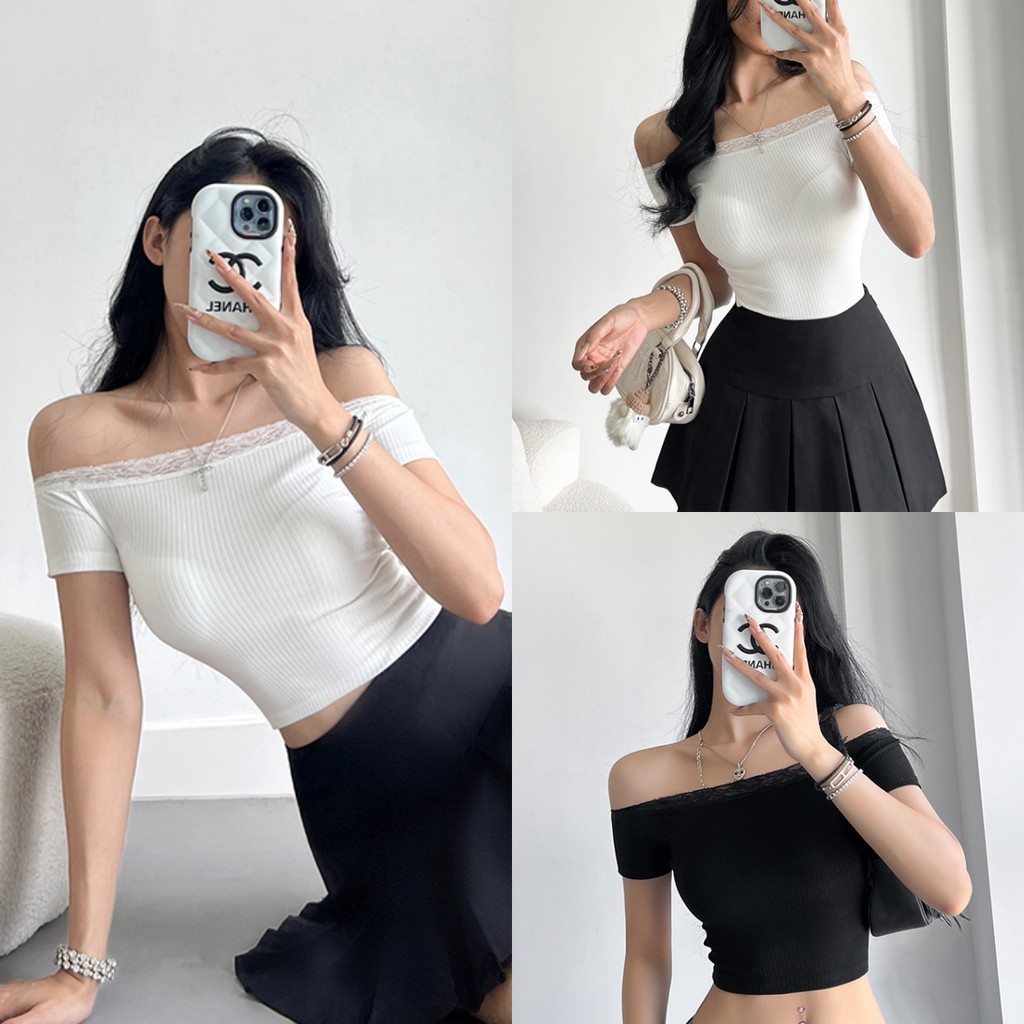 Bella shop  เสื้อแขนสั้นเปิดไหล่ ดีไซน์ลูกไม้ สีพื้น สไตล์เกาหลี เอวรัดรูปและเสื้อเปิดไหล่