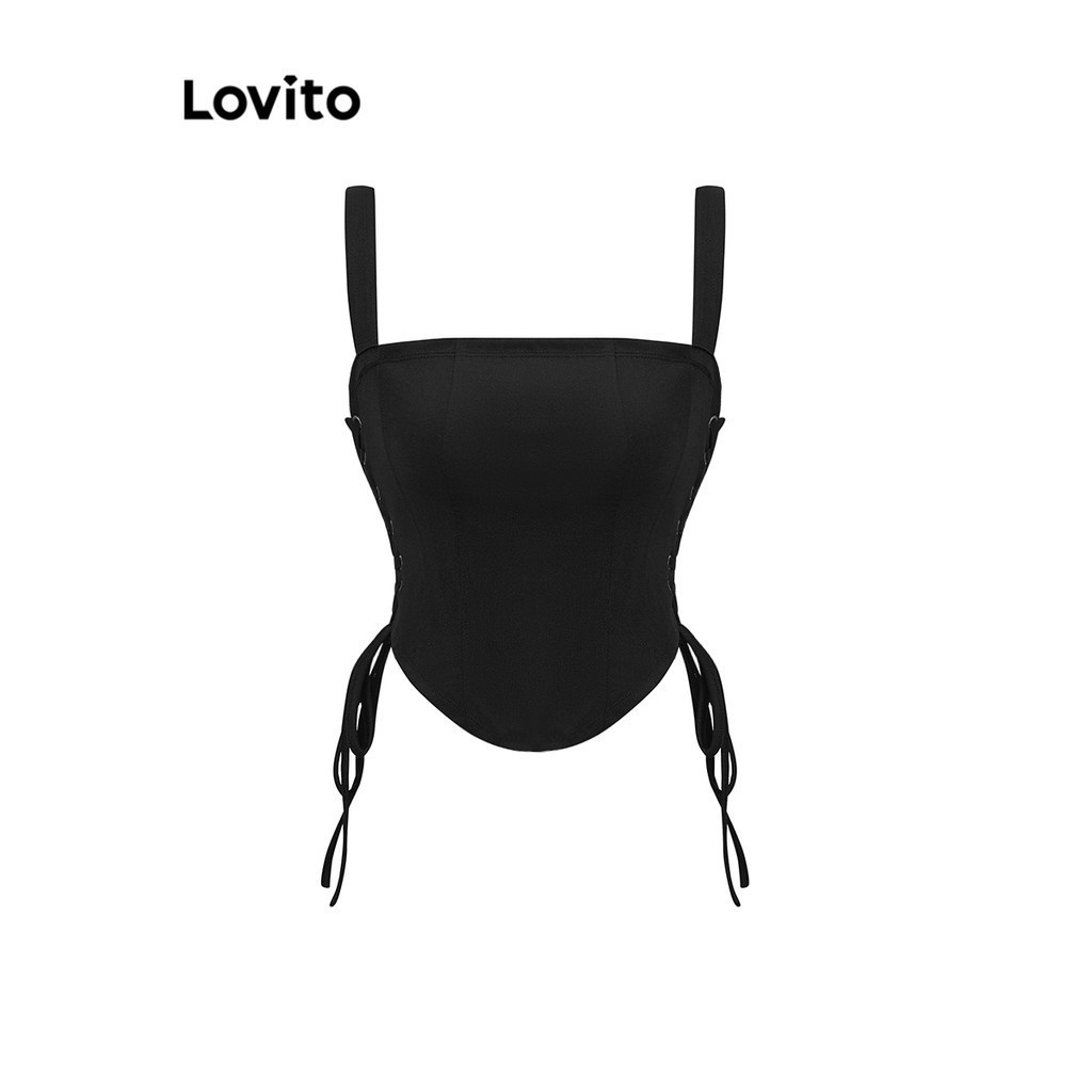 Lovito เสื้อแขนกุดผู้หญิง ผูกเชือก สายไขว้ แต่งตาไก่ สีพื้น สไตล์คลาสซี่ L93AD081
