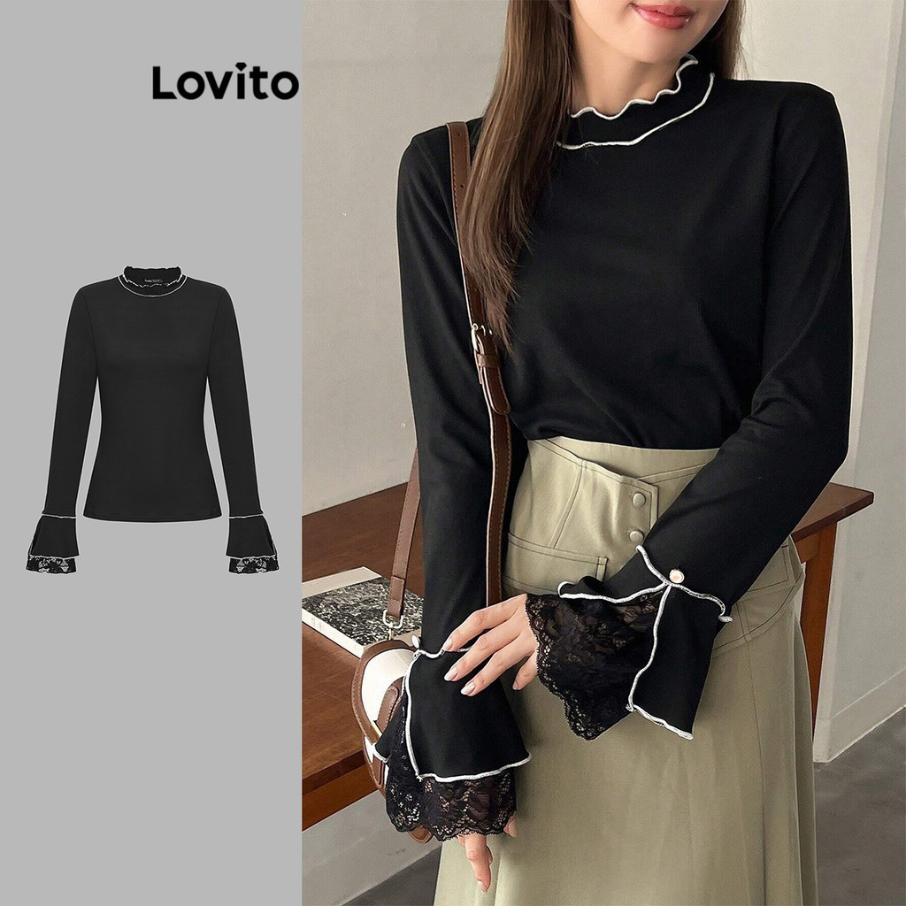 Lovito เสื้อยืดลำลองโบว์ธรรมดาสำหรับผู้หญิง L101AD273