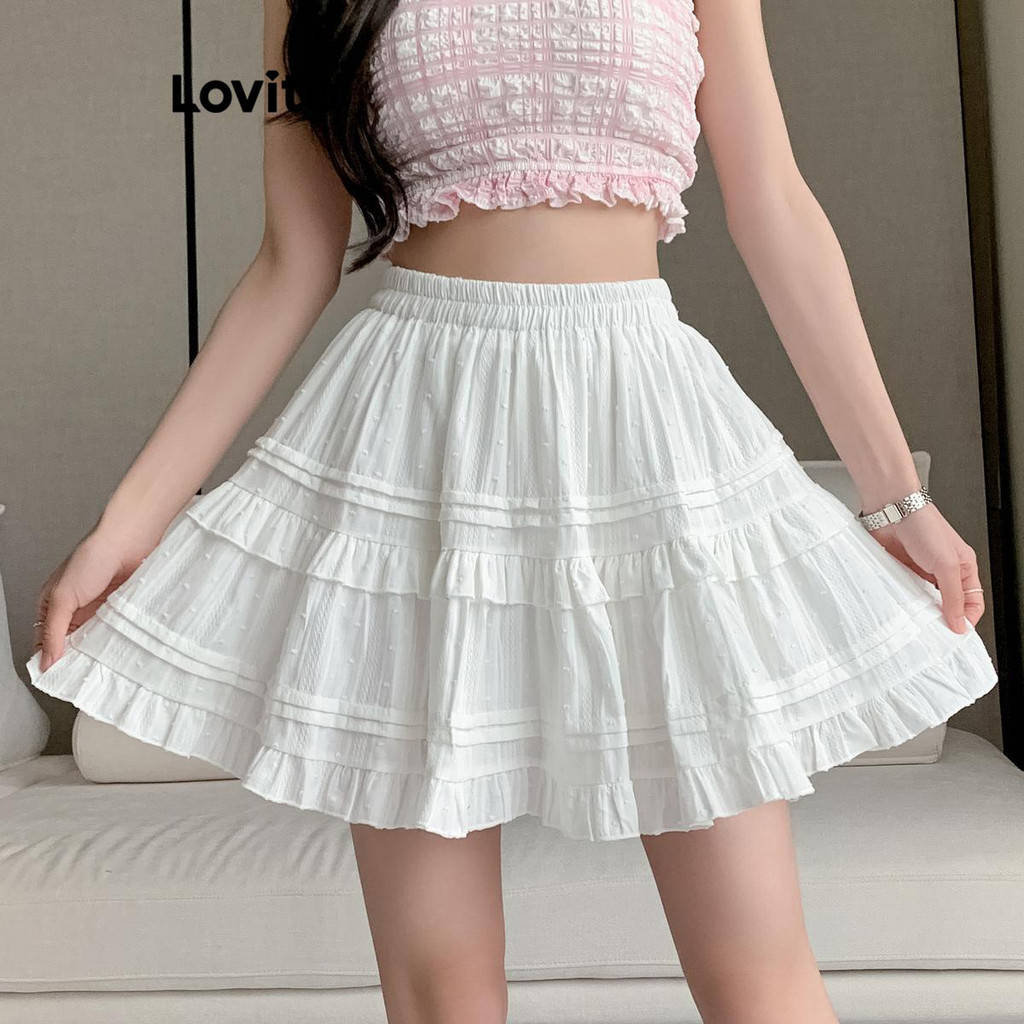 Lovito กระโปรงผู้หญิง มีระบายหลายชั้น สีพื้น สไตล์ลำลอง LNE51130