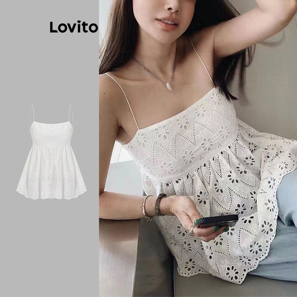Lovito เสื้อสายเดี่ยวผู้หญิง ชายระบาย ปักงานตาไก่ สีพื้น สไตล์โบโฮ L74ED138 (สีขาว)