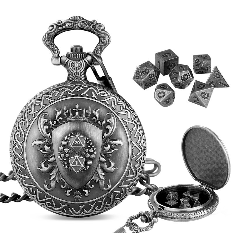 Antique Style D20 and D1 Shields Pendant Pocket Watch Case with 7pcs Polyhedral Metal Dice Set DND R