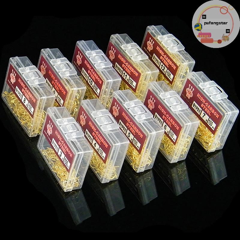 Pufangstar 100 ชิ้นกล่องสีทองแหวนหลอด Pay Iseini ตะขอ Barbed เหล็กคาร์บอนสูงตะขอตกปลาทะเล TH