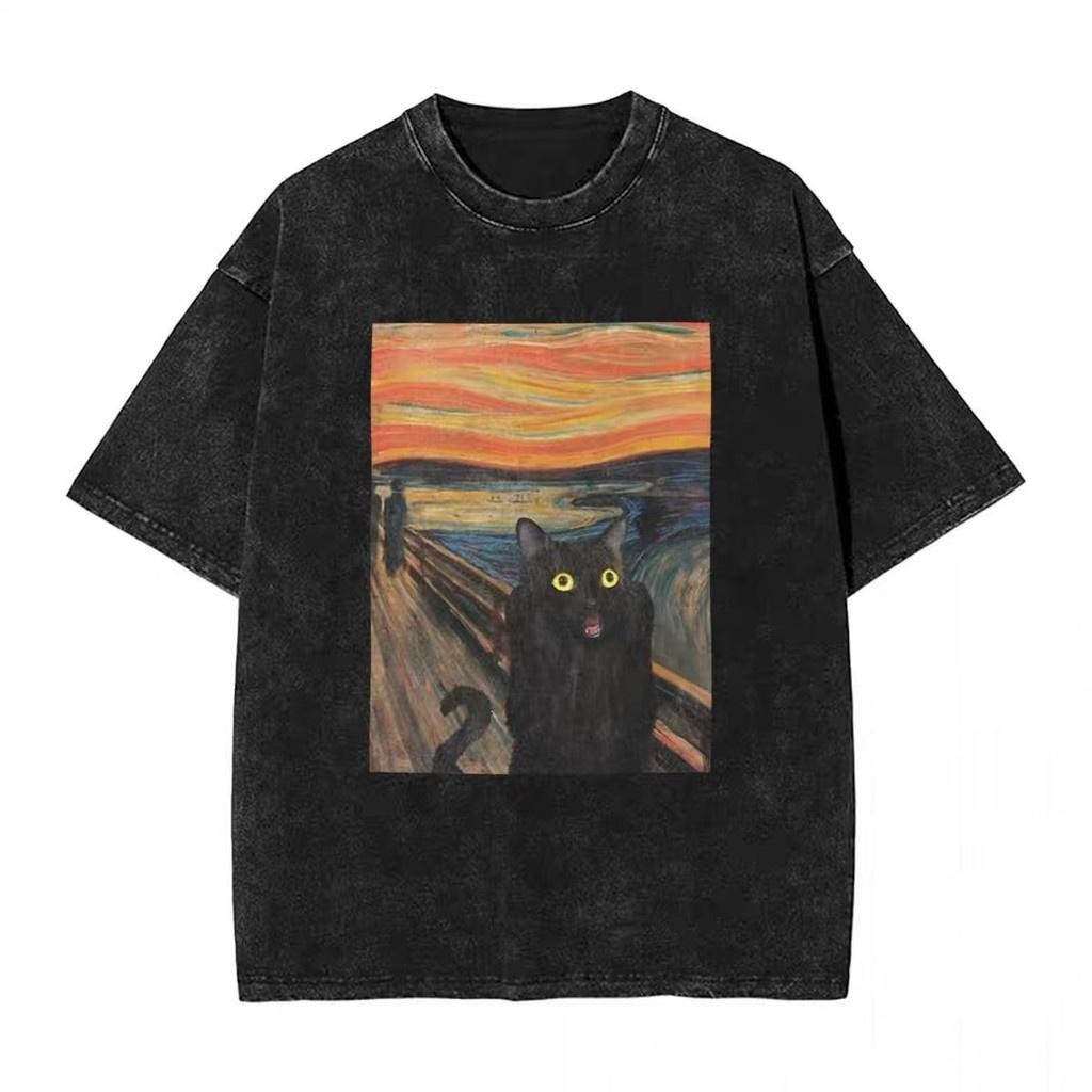 (จัดส่งตลอด 24 ชั่วโมง)เสื้อยืดฟอก เสื้อยืด Oversize 'Scream Cat' สไตล์วินเทจ เสื้อฟอกวินเทจ คอตตอน 100%