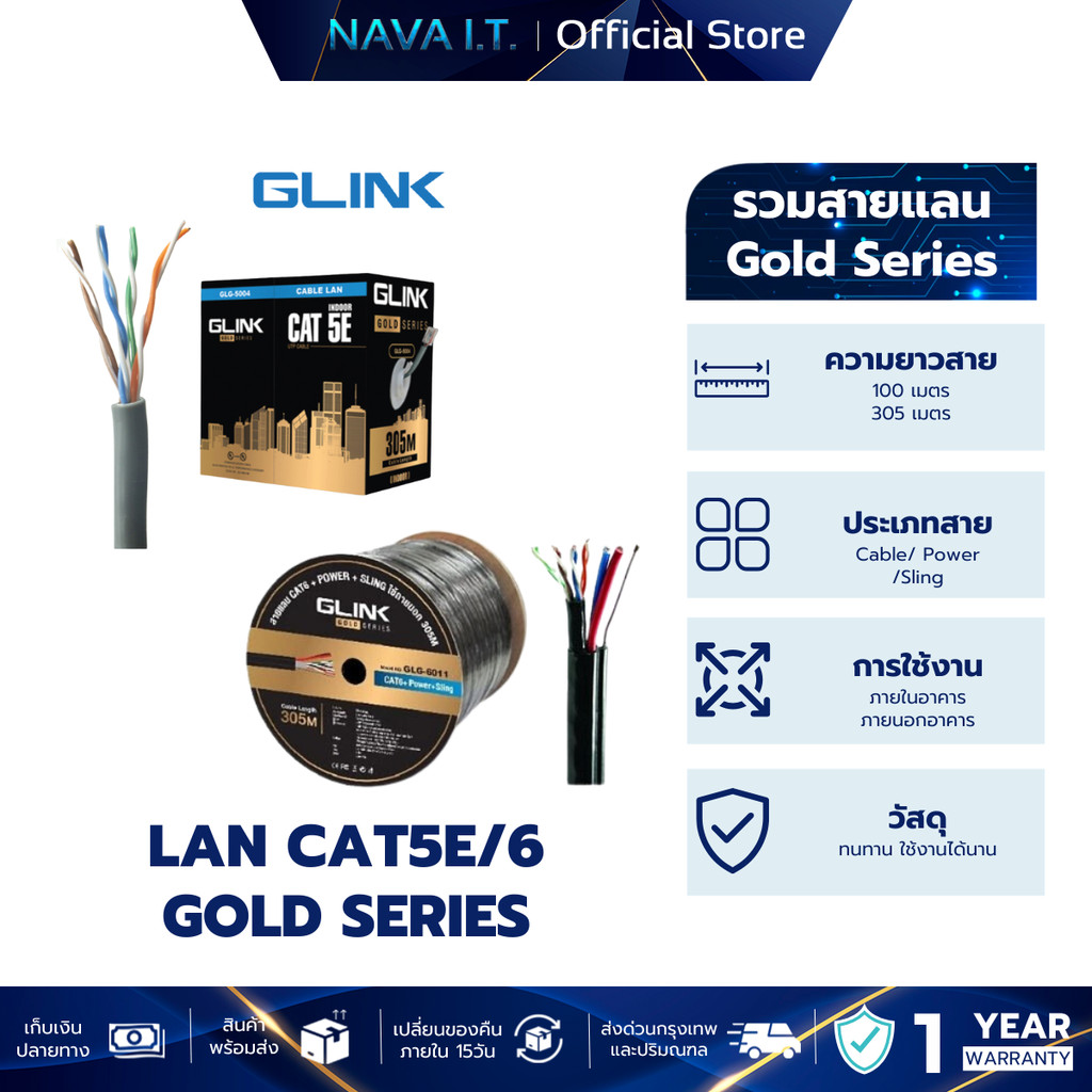 GLINK สายแลน GL GLG GLG6002  GLG5002 CABLE OUTDOOR/INDOOR/POWER/SLING CAT5E/6 GOLD SERIES 100/305เมต