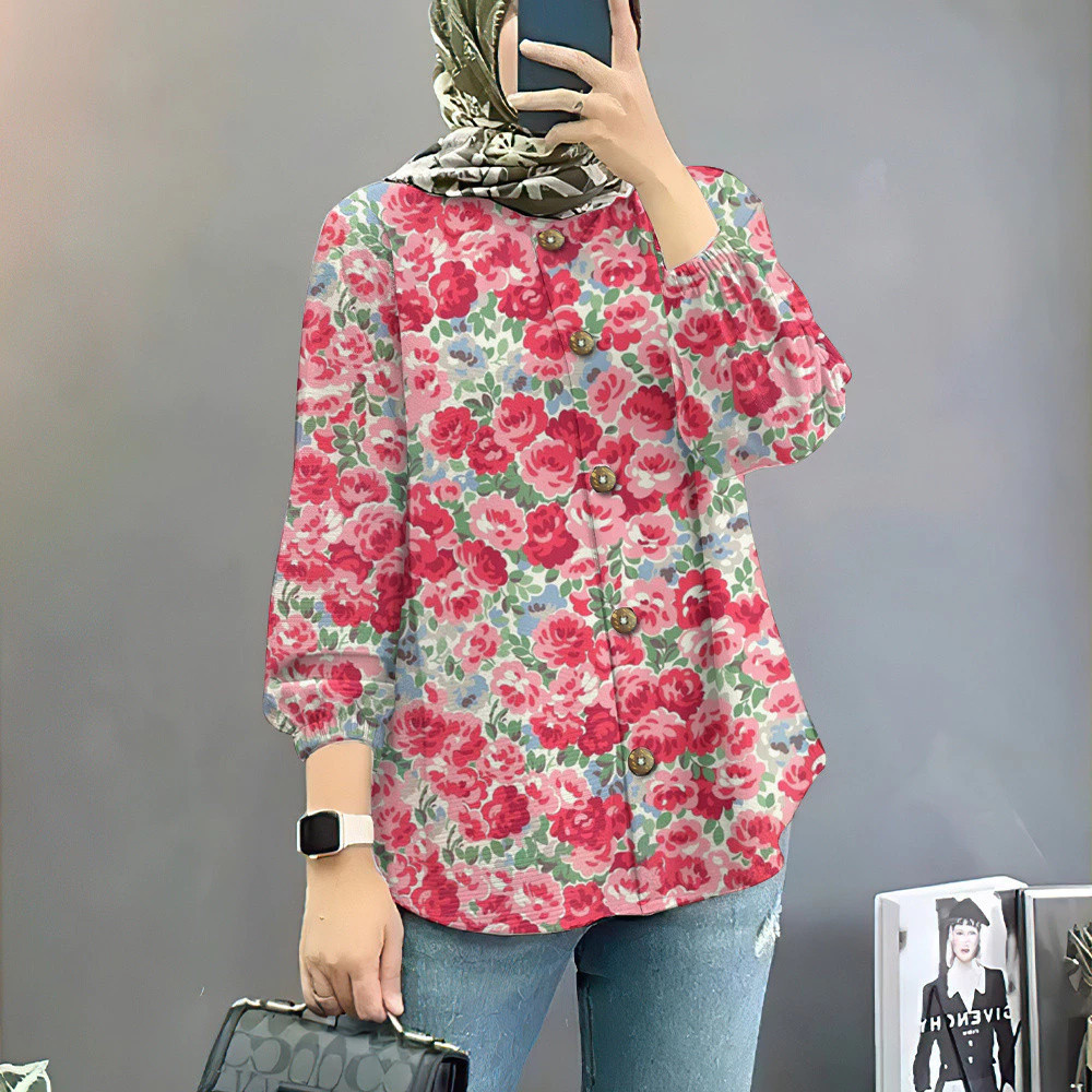 Baju Raya 2025 Vintage ดอกไม้ Muslimah เสื้อ Baju Muslimah เสื้อสไตล์หลวม Muslimah เสื้อแขนยาวสําหรับผู้หญิง