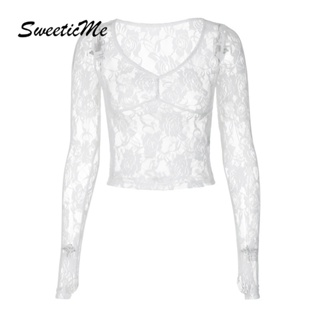 Sweeticme ใหม่ เสื้อยืดซีทรู แขนยาว คอวี ลําลอง เข้ารูป เซ็กซี่ แฟชั่นสําหรับสตรี 2023