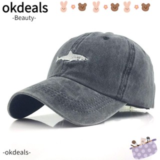 Okdeals หมวกเบสบอล ผ้าฝ้าย ทรงโค้ง ปักลายฉลาม ปรับได้ สไตล์วินเทจ